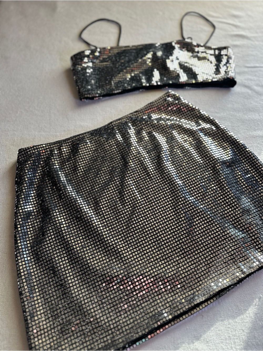 Princess Polly "Riego" Silver Sequin Matching Two-Piece Crop Top & Mini Skirt Se